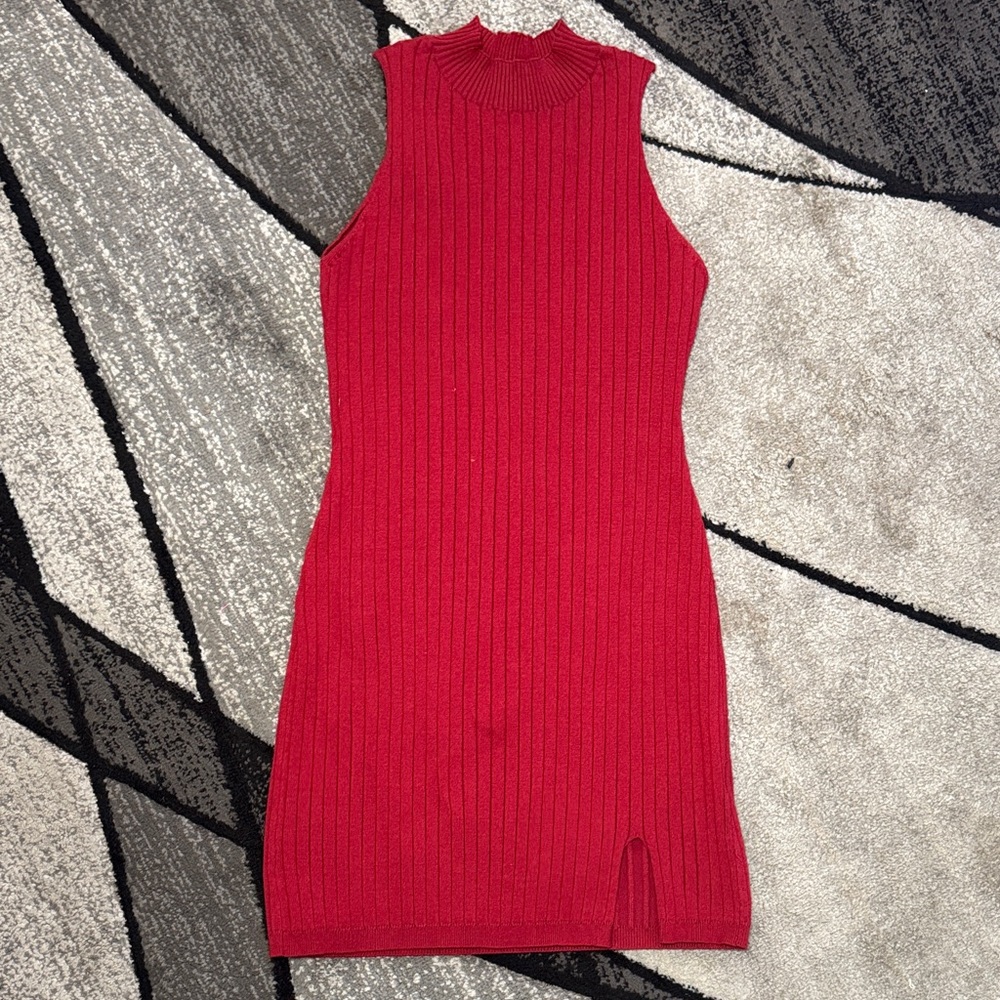 SHEIN Red Sleeveless Ribbed Knit Mini Dress